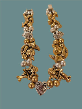 Vintage Charm Bracelet Slider Style Gold and Silver Angel Heart 1990